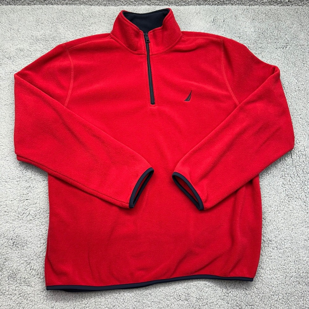 Nautica KPT379 Mens Large Red Fleece Logo Mock Neck 1/4 Zip Pullover Sweatshirt